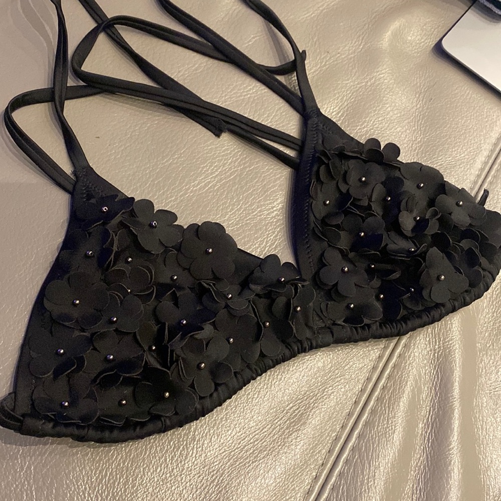 Black flower embellished black bikini top